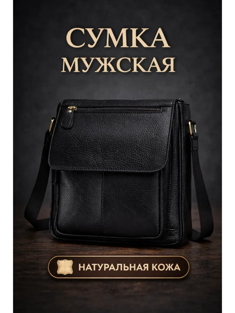 Мужская черная сумка из натуральной кожи кросс-боди